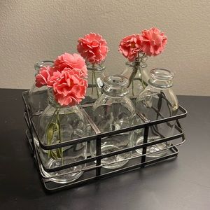 Six Decorative Glass Vases in a Metal Basket with Handle